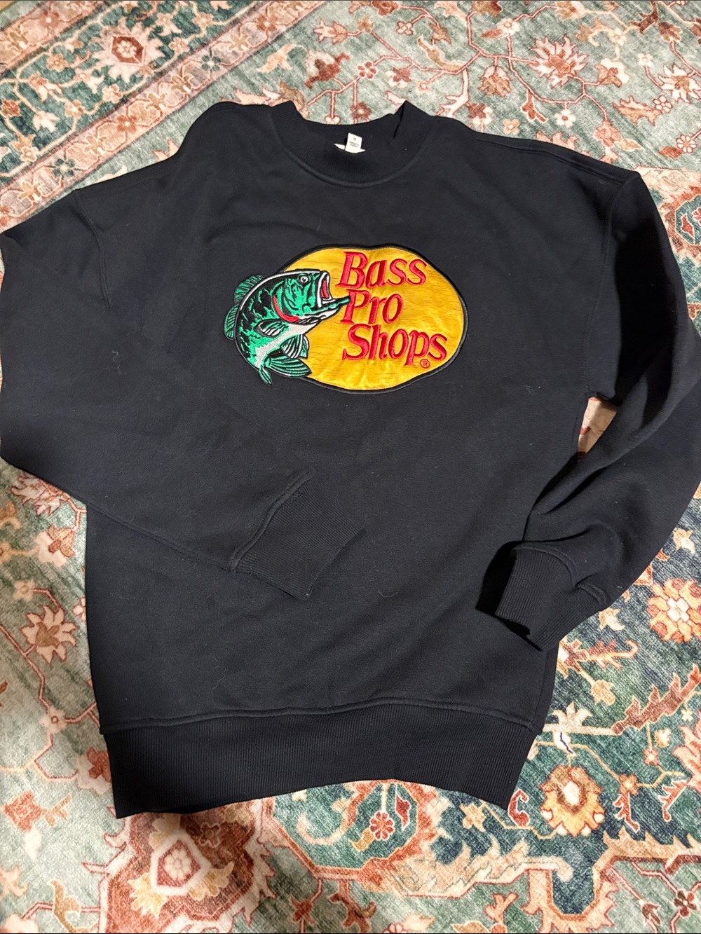 Bass Pro Shops Black Crewneck with Yellow Logo and Green Fish